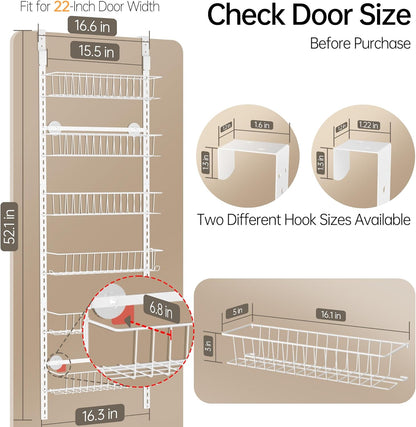 Delamu Adjustable Cabinet Door Organizer, 6-Tier Hanging Spice Rack Organizer, Metal Over the Door Pantry Organizer, Pantry Organizers and Storage Shelves for Kitchen Bathroom Laundry Room, White M