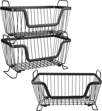 LOTTS Stackable wire basket for pantry, Metal Pantry basket, Storage Organizer Bin with Handles, Fruit basket for Kitchen Cabinets, Pantry, Closets, Bedrooms, Bathrooms (12.6×6.5×7.6")