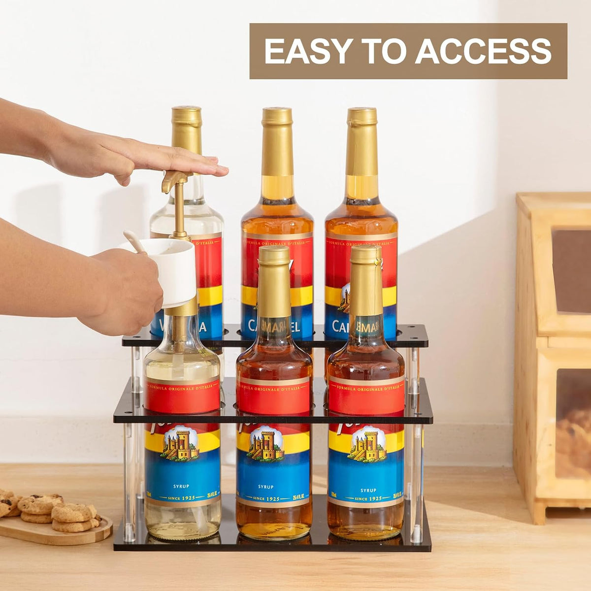 Acrylic Coffee Syrup Organizer, 2 Tier Coffee Syrup Rack (6 Bottle Capacity), Syrup Bottle Holder Stand for Coffee Bar, Kitchen Countertop Syrups, Condiments and Wine (Transparent)