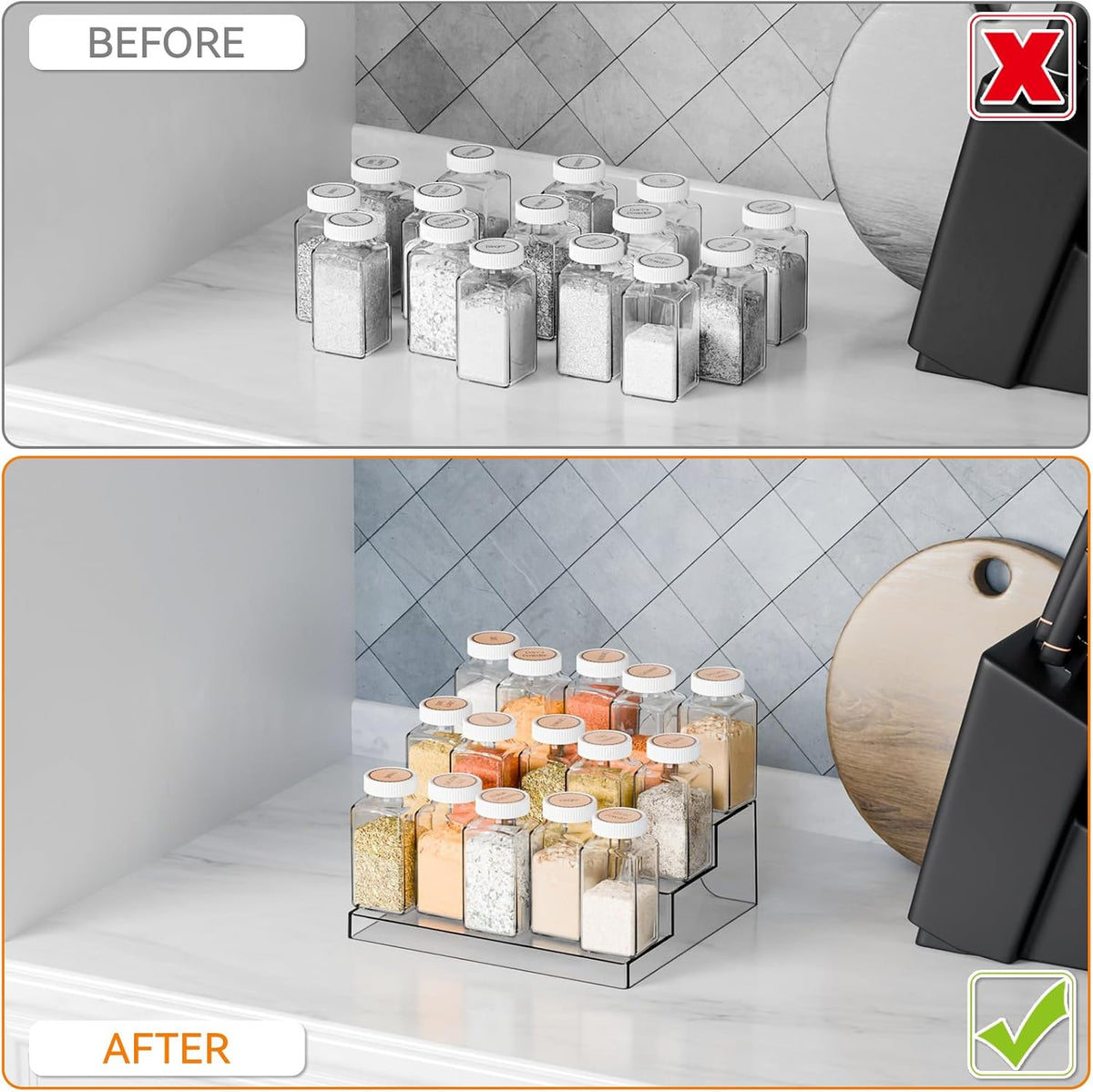 Yieach 2 Pack 3 Tier Clear Acrylic Spice Rack Organizer for Cabinet and Pantry Shelf - 10.3″L Small Tiered Spice Rack and Step Shelves for Vitamin,Medicine Bottle,Jar,Can,Seasoning,Condiment Organizer