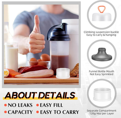Baderke 4 Pcs Protein Powder Container 5 Layers Stackable Leakproof Container Powder Dispenser with Funnels Stand Keychain Flour Canister for Workout Fitness(Gray, White)