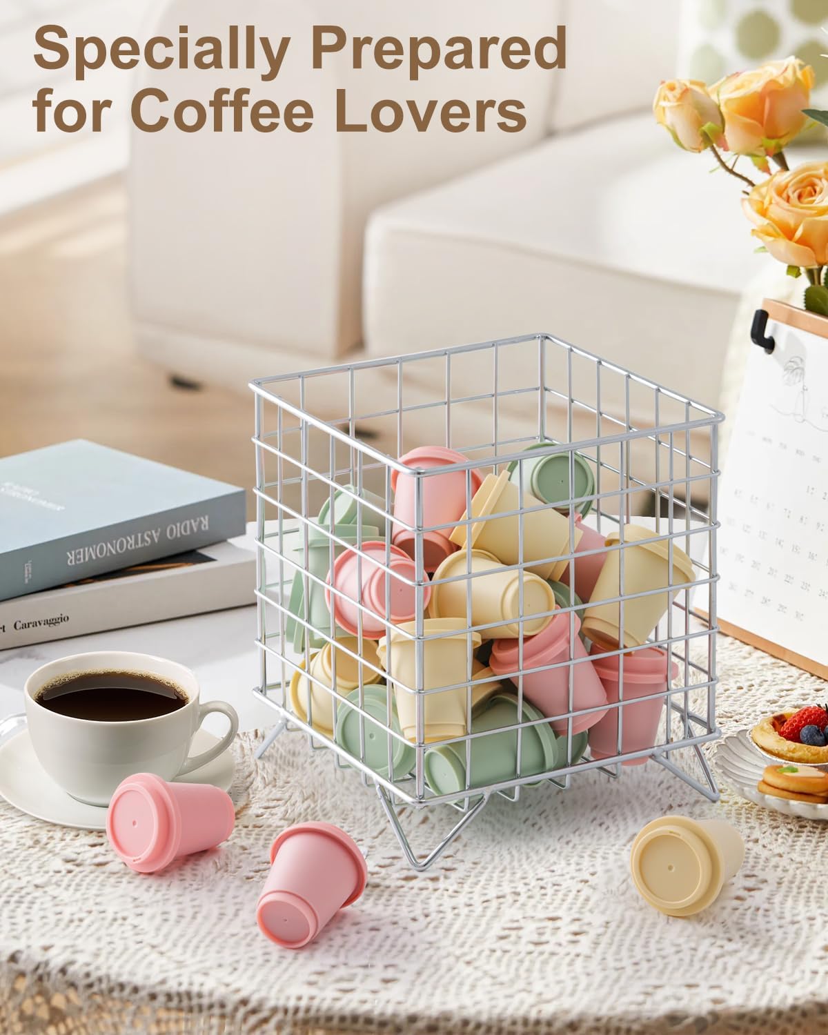 FantasyLife K Cup Holder Organizer, 5.3" x 5.3" x 6.3" Coffee Pod Storage Basket, Coffee Bar Accessories Metal Basket, Large Capacity Countertop Organizer for Kitchen Counter & Office Desktop (Gold)