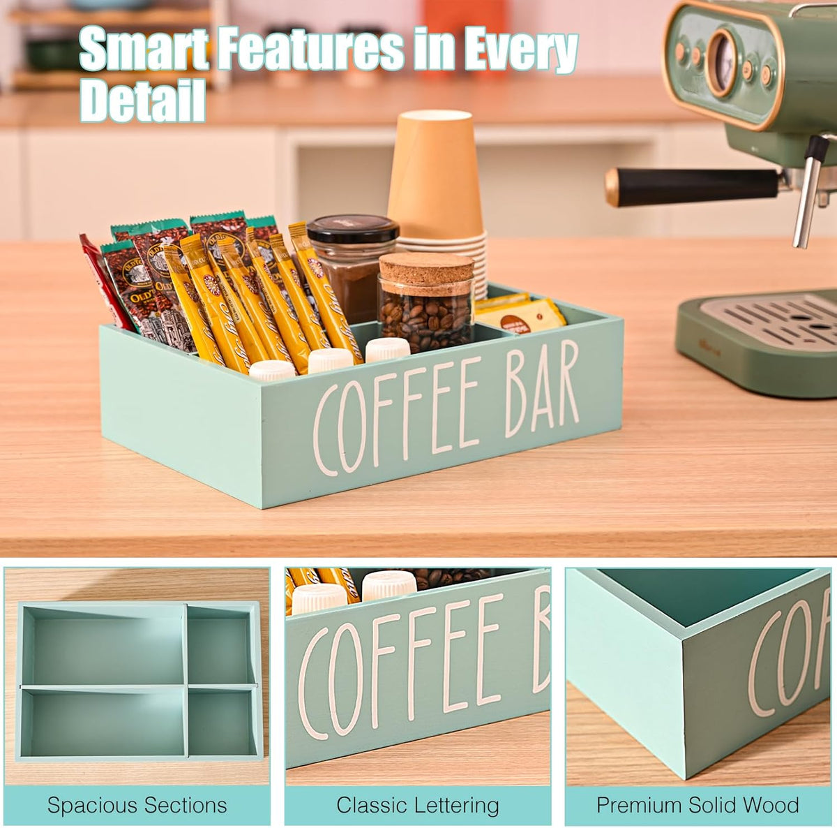 STORAGENIE Wooden Coffee Station Organizer – Removable Dividers, Storage for Coffee Pods, Tea Bags & Accessories, Oasis Blue (11.8" x 7.87" x 3.15")