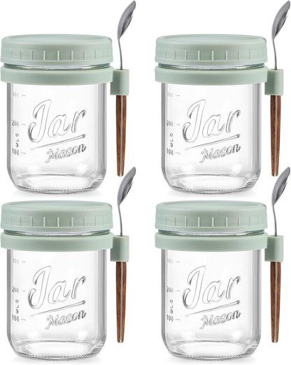4 Pack Overnight Oats Containers with Lids and Spoons, 16 oz Glass Mason Jars with Airtight Lids, Overnight Oats Jars for Milk, Cereal, Fruit