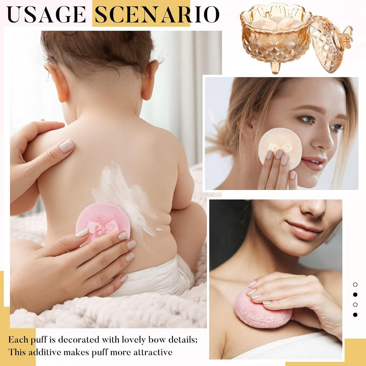 Tioncy 3 Pcs Large Body Powder Puff and Container Valentine's Day gift Powder Container with Puff Crystal Case Soft Washable Reusable Velour Face Body Glitter Wet Dry Makeup (Classic,Clear)