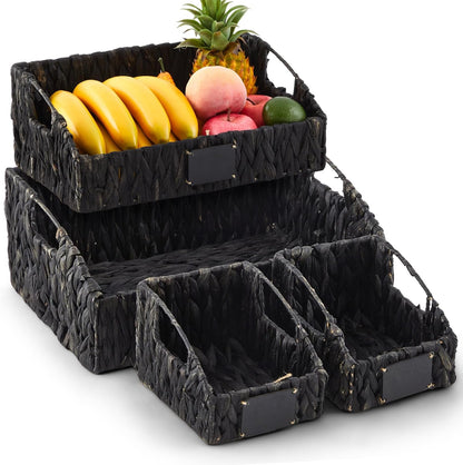 Wonderjune 4 Pcs Water Hyacinth Storage Basket Set Boho Wicker Rattan Pantry Basket with Chalkboard Label Handles Woven Container Kitchen Laundry Large Small for Shelves Food Home Bathroom Decor
