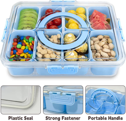 Divided Serving Tray with Lid and Handle,8 Compartments Snacks Box,Snack Fruit Tray,Veggie Tray,Portable Platter for Candy Fruits Nuts Snack Party Entertaining Picnic