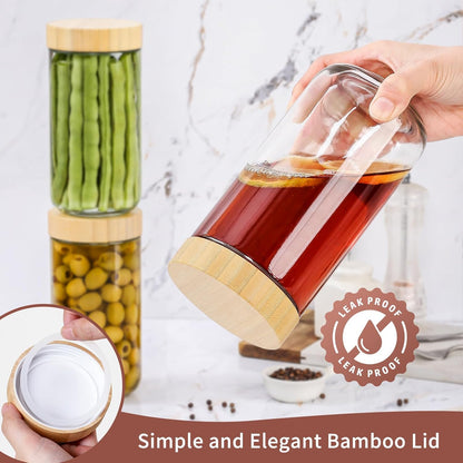 DRKIO 16 Oz Overnight Oats Containers with Bamboo Lids - 4 Pack Glass Storage Jars with Airtight Lids Wide Mouth Mason Food Jars Great for Meal Prep Salad Chia Pudding Snacks Yogurt Sugar Spice Cereal
