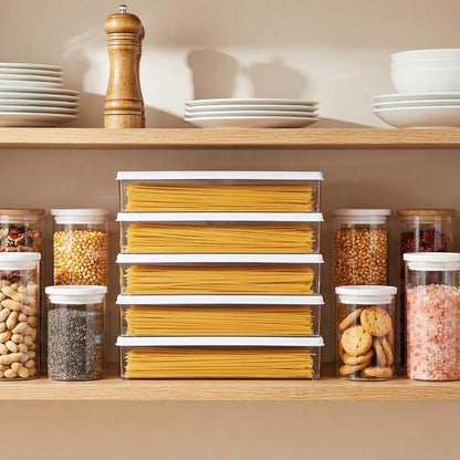 ZENFUN 6 Pc Pasta Containers with Lids for Pantry, Airtight Spaghetti Noodle Holder, Plastic Food Keeper for Fridge Kitchen Cabinet, 3" x 11" x 2", BPA-FREE