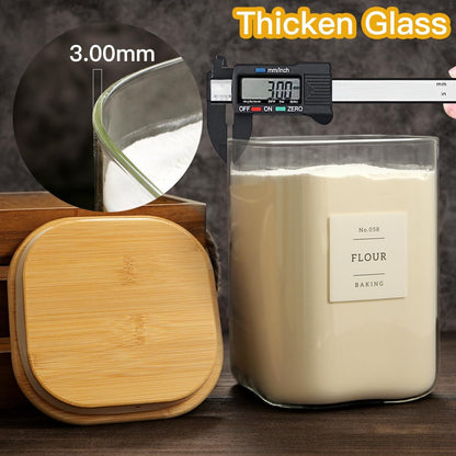 HHMJSM Large Glass Storage Jars With Airtight Bamboo Lid - 100 Fl Oz Thicken Kitchen Glass Food Storage Canister With 42 Pantry Labels - Big Clear Flour And Sugar Containers Farmhouse