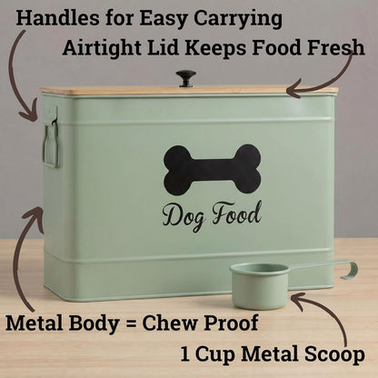 Dog Food Container Airtight 15-20 lb (70 Cup) Capacity with Metal Scoop - Cute Airtight Dog Food Storage Container with Bamboo Lid - Black Metal Kibble Storage Bin for Dogs up to 100 lbs - Big Pet Jar