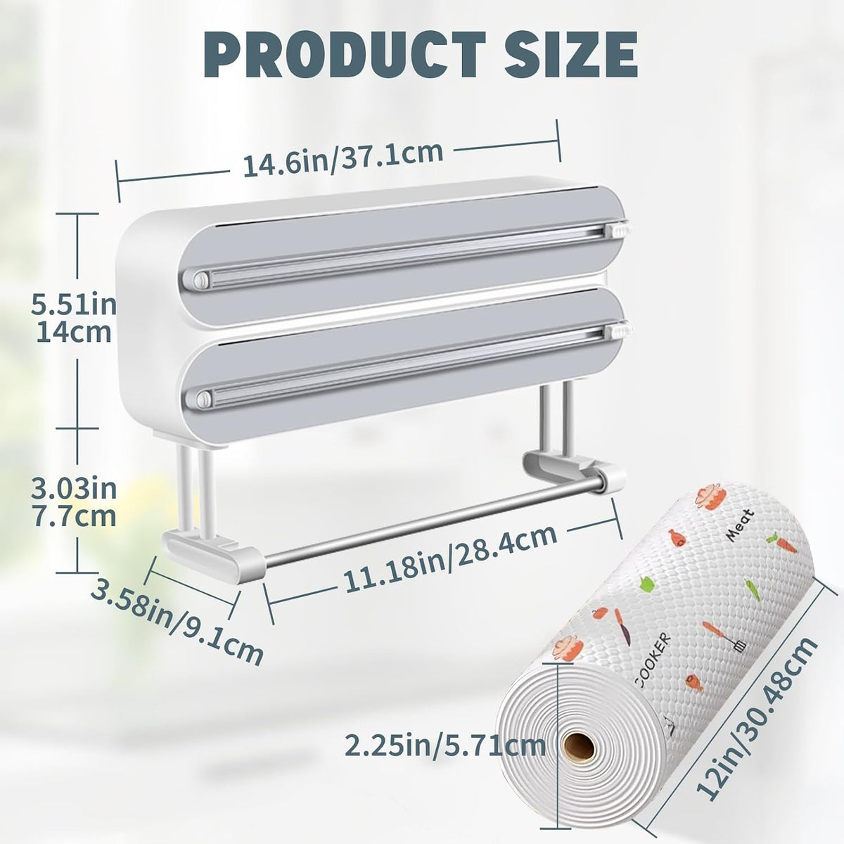 AUSTUFF 3 in 1 Plastic Wrap Dispenser with Cutter，Magnetic Aluminum Foil and Adhesive Film Organizer, Wall Mount Kitchen Wrap Organizer, Cling Wrap Dispenser with Paper Towel Holder and Cutter