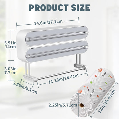 AUSTUFF 3 in 1 Plastic Wrap Dispenser with Cutter，Magnetic Aluminum Foil and Adhesive Film Organizer, Wall Mount Kitchen Wrap Organizer, Cling Wrap Dispenser with Paper Towel Holder and Cutter