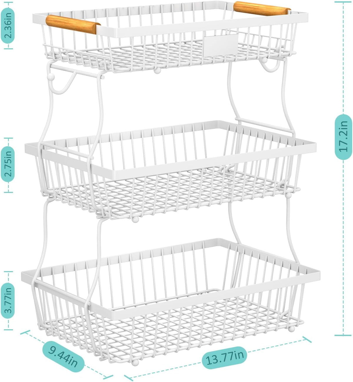 2 Tier Fruit Basket for Kitchen Counter with 2 Banana Hangers, Countertop Metal Bread Basket with Wooden Handle, Large Storage Stand for Vegetables, Snacks, Eggs, Produce Storage – Black
