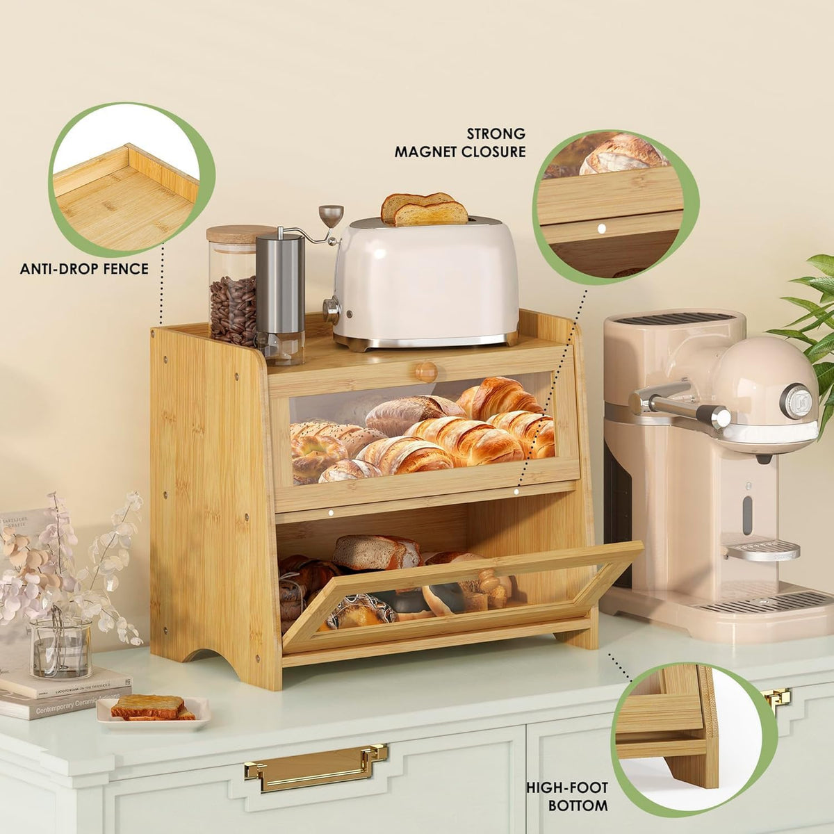 JANSNIMEN Double Layer Bread Box for Kitchen Countertop, Large Breadbox Bread Container Storage with Acrylic Door, Wooden Farmhouse Bread Holder (Black, Medim-15.7" L x 9.5" W x 13" H)