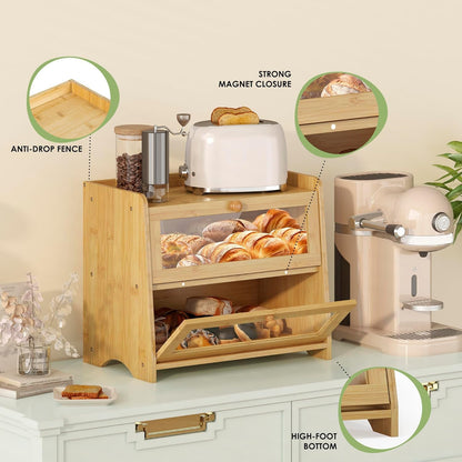 JANSNIMEN Double Layer Bread Box for Kitchen Countertop, Large Breadbox Bread Container Storage with Acrylic Door, Wooden Farmhouse Bread Holder (Black, Medim-15.7" L x 9.5" W x 13" H)