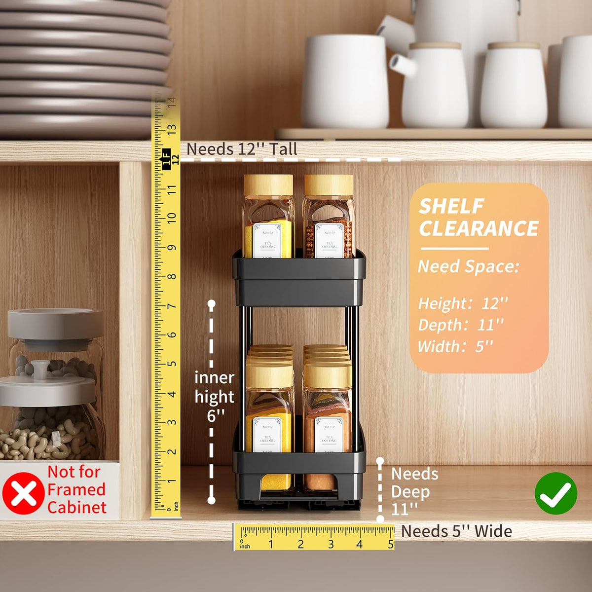 Pull Out Spice Rack Organizer for Cabinet, Slide Out Spice Racks Organizer, Spice Cabinet Organizers, Cabinet Size Need:12'' Highx11'' Deepx5'' Wide,Hold 10 Spice Jar Each Tier-2Tier, Black