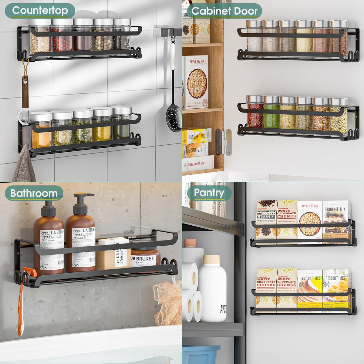 LUCYCAZ Wall Mounted Spice Rack with 8 Hooks, Spice Organizer Shelf for Stove Cabinet Pantry Door,Screw or Adhesive Spice Shelf Hanging Wall Spice Rack in Kitchen and RV (Black)