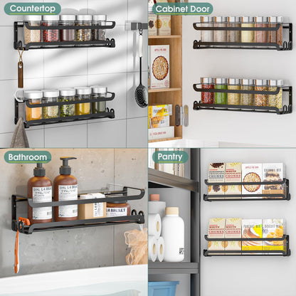 LUCYCAZ Wall Mounted Spice Rack with 8 Hooks, Spice Organizer Shelf for Stove Cabinet Pantry Door,Screw or Adhesive Spice Shelf Hanging Wall Spice Rack in Kitchen and RV (Black)