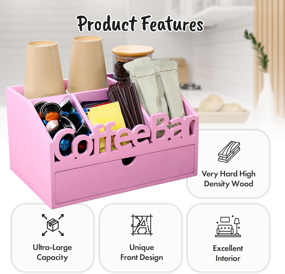 Coffee Bar Organizer for Countertop – Wooden Coffee Caddy with Compartments for Pods, Sugar Packets, and Accessories – Coffee Condiment Station Storage for Home and Office (Black)