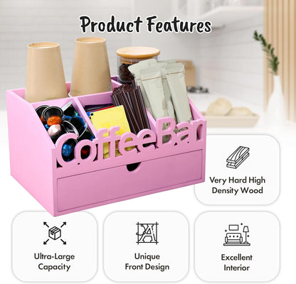Coffee Bar Organizer for Countertop – Wooden Coffee Caddy with Compartments for Pods, Sugar Packets, and Accessories – Coffee Condiment Station Storage for Home and Office (Black)