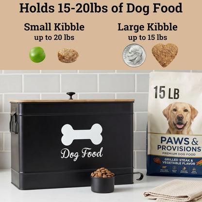 Dog Food Container Airtight 15-20 lb (70 Cup) Capacity with Metal Scoop - Cute Airtight Dog Food Storage Container with Bamboo Lid - Black Metal Kibble Storage Bin for Dogs up to 100 lbs - Big Pet Jar
