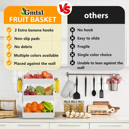 Gmtsl Bamboo Fruit Basket for Kitchen – 3 Tier Fruit Bowl For Kitchen Counter, Large Fruit Holder With 2 Banana Hangers, Idea For Fruit and Vegetable Storage, Bread Basket, Snack Organizer(BLACK)