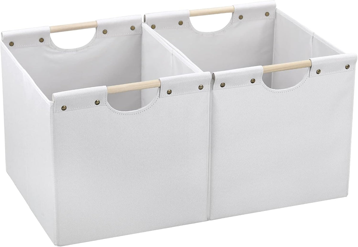 HOONEX Large Collapsible Storage Bins, Linen Fabric, Pack of 2, Storage Baskets with Wooden Carry Handles and Sturdy Heavy Cardboard, for Home, Office, Car, Nursery, Black