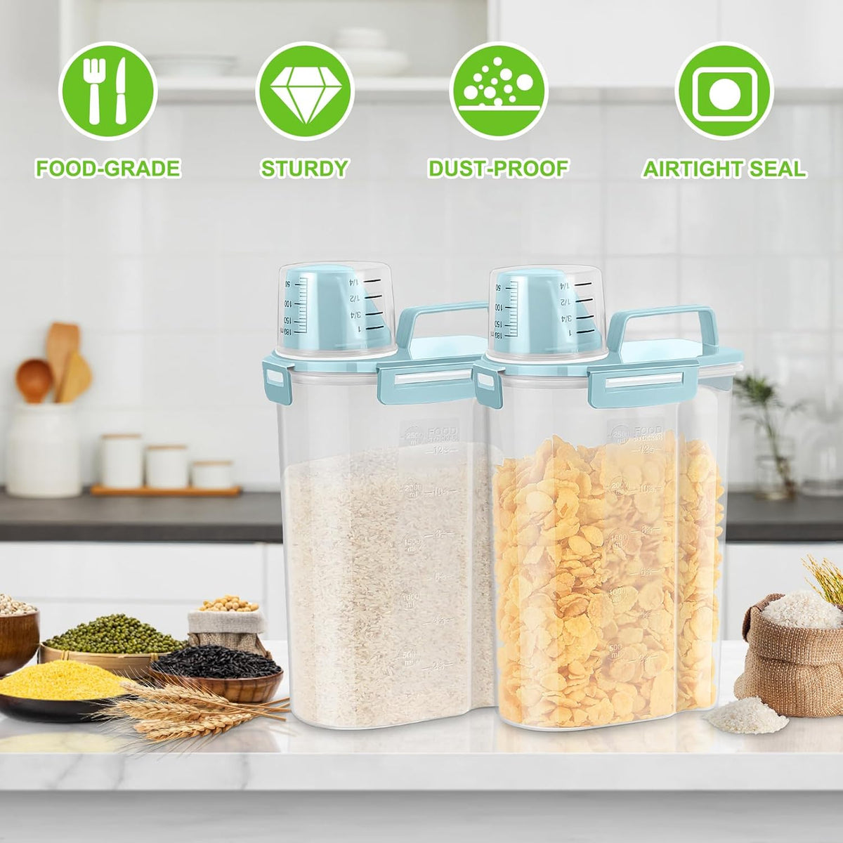TBMax Rice Container Cereal Storage Container 2 Pack 5 Lbs, Kitchen Pantry Dry Food Storage Holder with Easy-Pouring Spout & Handy Cup, Small Pet Dog Cat Food Dispenser for Daily Feeding -Grey