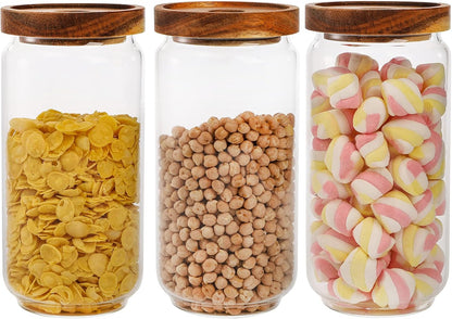 Bekith 4 Pack 15 FL OZ (450ml) Glass Food Storage Jar with Acacia Lids, Airtight Sealed Clear Glass Canisters, Kitchen Food Storage Container for Serving Tea, Coffee Beans, Nuts, Spice, Sugar