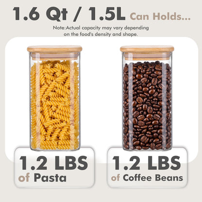 3-Pack 2.2Qt Square Glass Spaghetti Jars with Bamboo Lids, Tall Food Storage Containers for Pantry Organization, Elegant Kitchen Storage Canister for Pasta, Penne, Macaroni, Lasagna, Fusilli