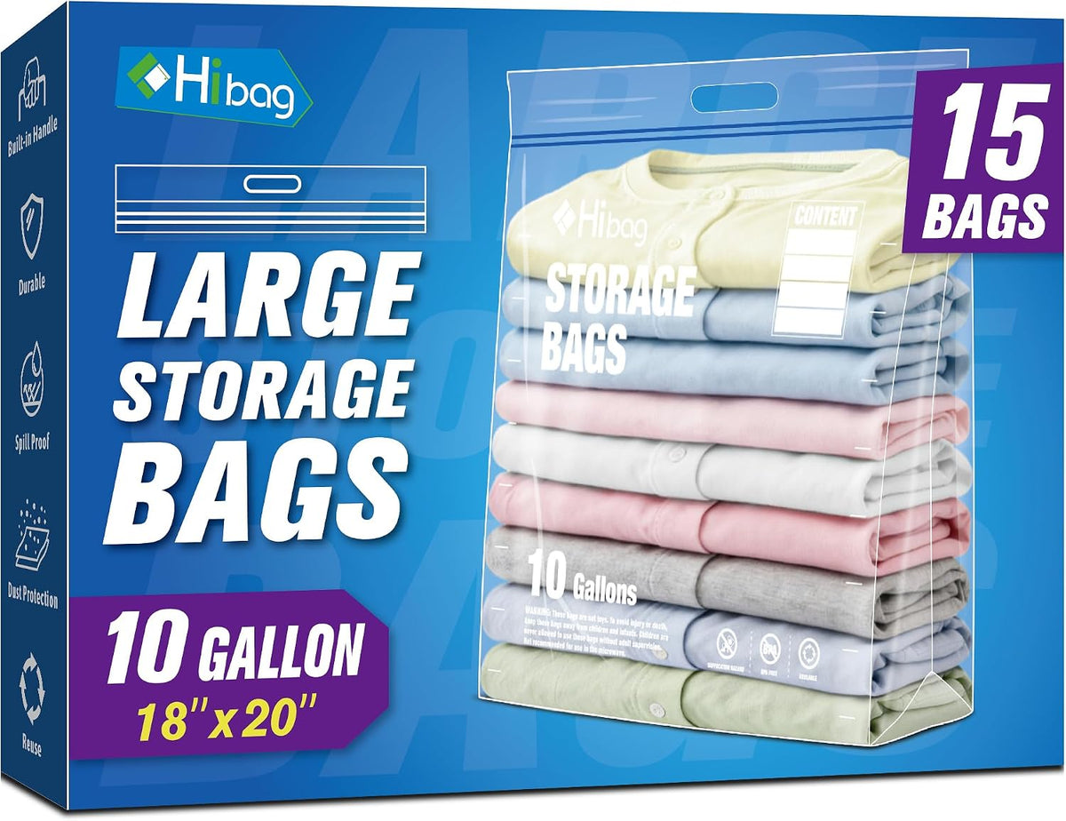 10 Gallon Zipper Storage Bags, 18” x 20” Clear Plastic Bags with Handle, Extra Large XL Zip Bags for Clothes, Pack of 5