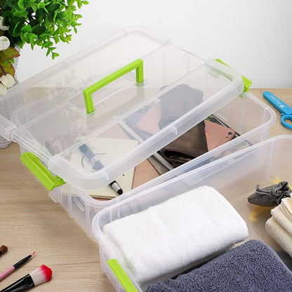 JUXYES 2-Tiers Stack Carry Storage Box With Handle, Transparent Stackable Storage Bin With Handle Lid Latching Storage Container for School & Office Supplies (Red)