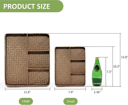 Wicker Baskets 4-Section Tea Bag/Sugar Packet Holder,Seagrass Woven Compartment Organizer,Storage Rattan Divided Basket,Office-Desk Baskets for Shelves,Pantry,Coffee Station Organizer,Countertops