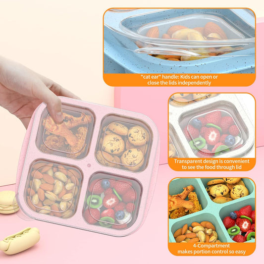 Bento Snack Boxes (4 Pack)- Reusable 4-Compartment Meal Prep Containers for Kids and Adults, Perfect Food Storage School, Compact Stackable (Wheat(Green/Blue/PK/Beige))
