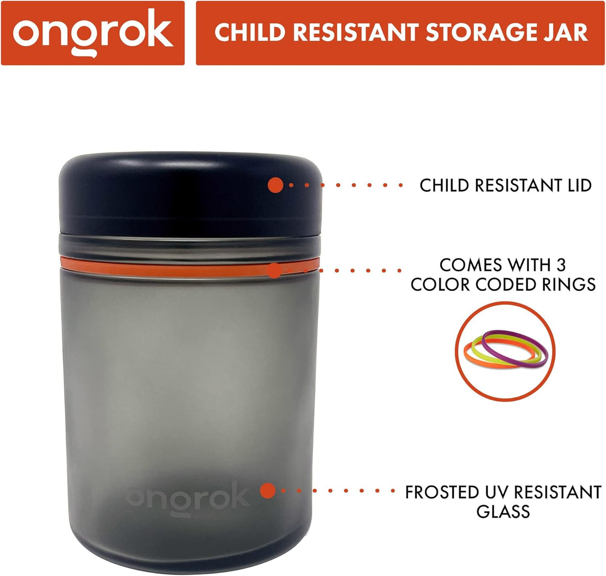 ONGROK Glass Storage Jar, 180ml | UV Herb/Spice Jar with Child‑Resistant Lid, Color‑Coded Glass Containers to Preserve Smell and Aroma