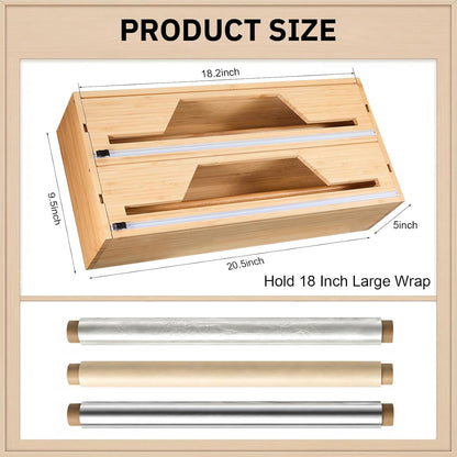 Wesiti 18 Inch Large Plastic Wrap Organizer & Dispenser with Cutter 2 in 1 Aluminum Foil Saran Wrap Butcher Parchment Paper Dispenser Bamboo Wall Mount Tin Wax Cling Organizer for Kitchen Countertop