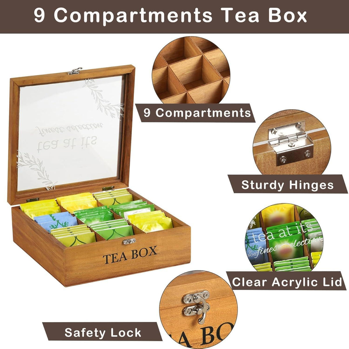 Tea Box Organizer,Wood Tea Bag Holder Organizer,Modern Teas Bag Storage with 9 Compartments and Glass Cover for Home Office Gift