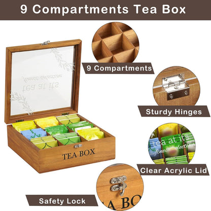 Tea Box Organizer,Wood Tea Bag Holder Organizer,Modern Teas Bag Storage with 9 Compartments and Glass Cover for Home Office Gift