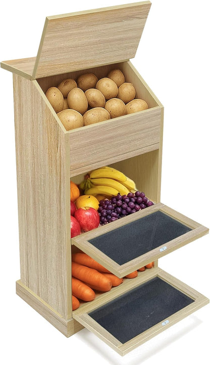 Potato Storage Bin, 3-Tier Potato and Onion Storage Bin with Lid, Wooden Bread Box for Fruit and Vegetable,Food Storage Containers for Kitchen Pantry (Oak)