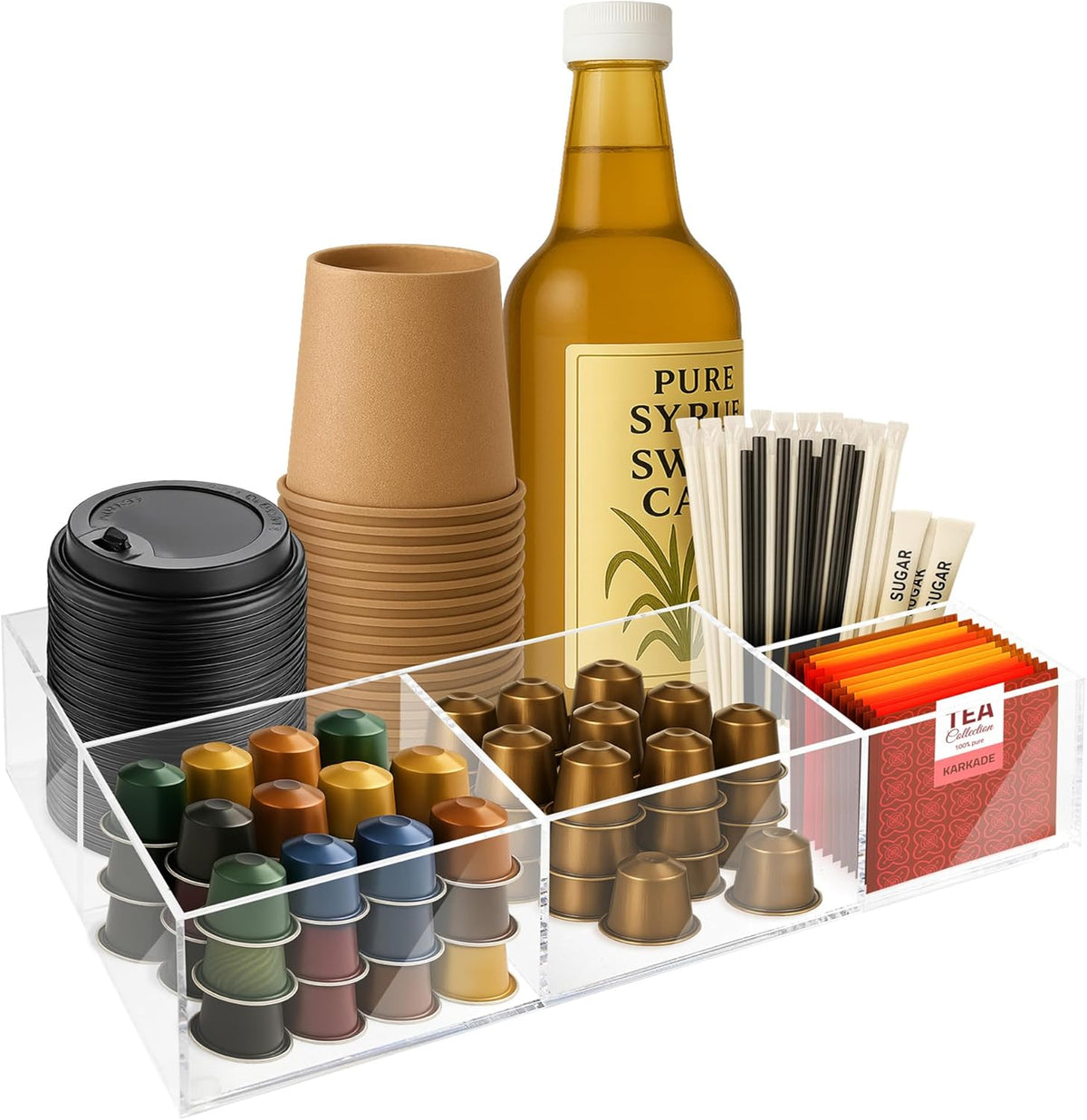 Coffee Bar Organizer for Countertop – Wooden Coffee Caddy with Compartments for Pods, Sugar Packets, and Accessories – Coffee Condiment Station Storage for Home and Office (Black)