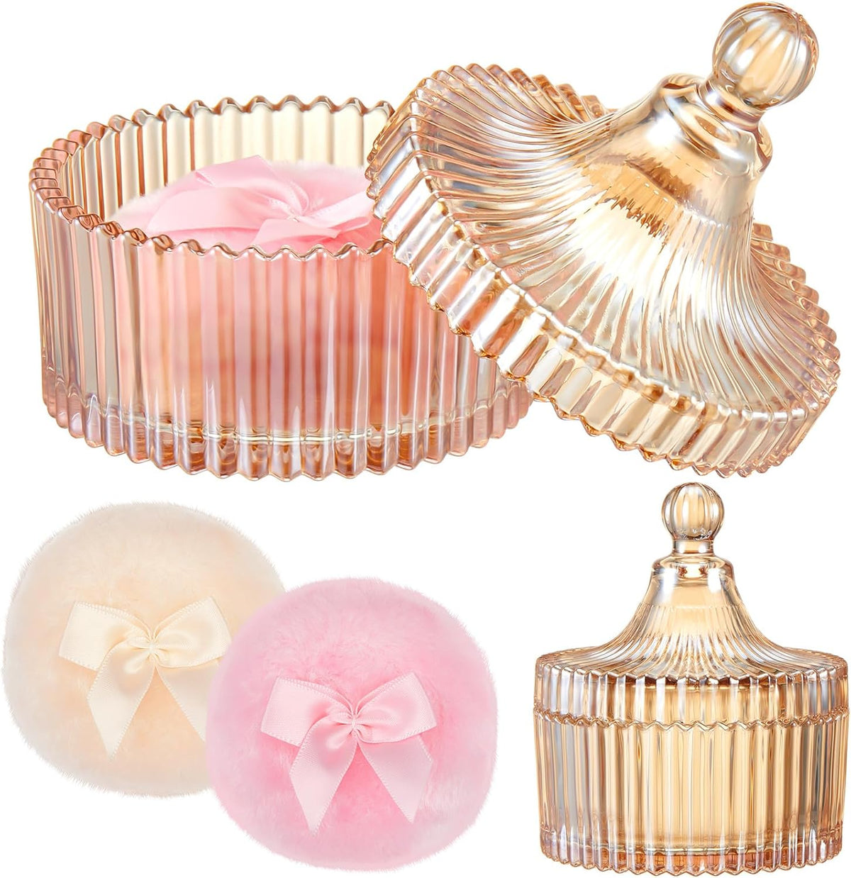 Tioncy 3 Pcs Large Body Powder Puff and Container Valentine's Day gift Powder Container with Puff Crystal Case Soft Washable Reusable Velour Face Body Glitter Wet Dry Makeup (Classic,Clear)