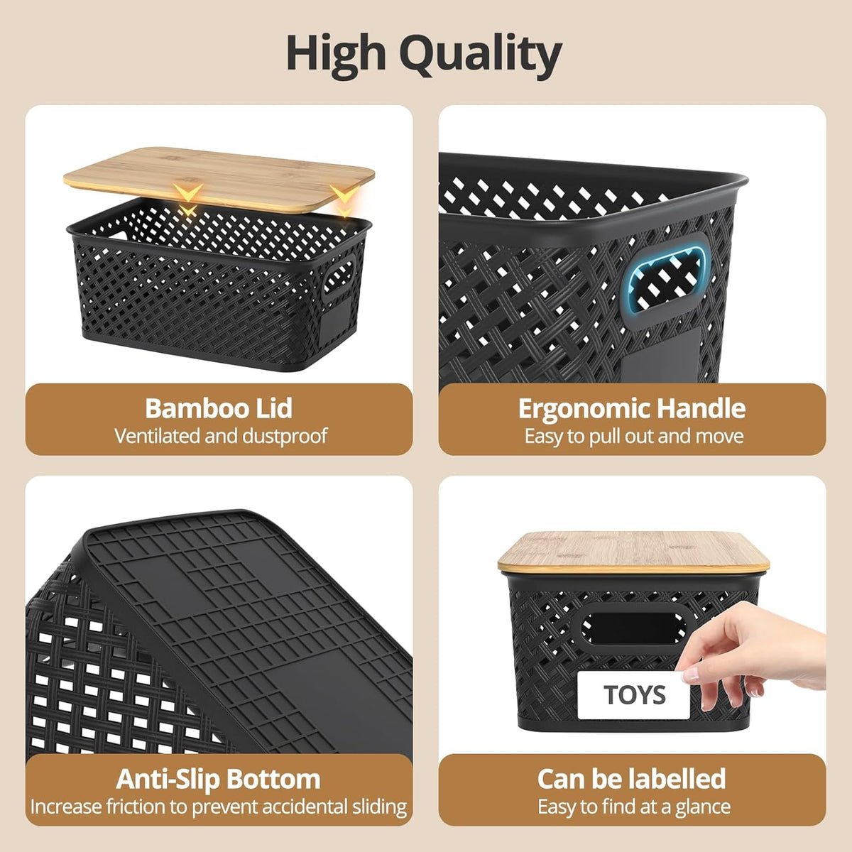 Plastic Storage Bins with Bamboo Lids, Stackable Small Box Baskets for Organizing and Containers for Shelves Drawers Desktop Closet Pantry Classroom Office Home, 6 Pack 10.2x7.2x4.1 Inch, Black