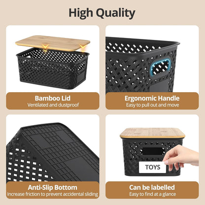 Plastic Storage Bins with Bamboo Lids, Stackable Small Box Baskets for Organizing and Containers for Shelves Drawers Desktop Closet Pantry Classroom Office Home, 6 Pack 10.2x7.2x4.1 Inch, Black
