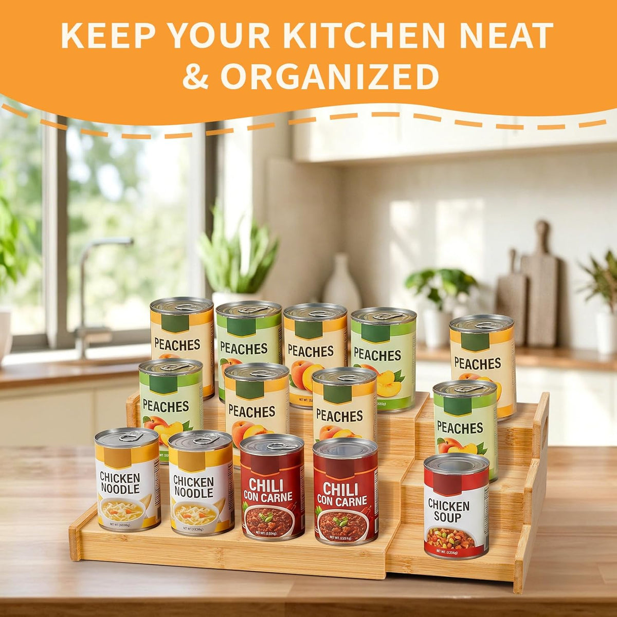 Expandable Bamboo Can Rack Organizer, 3 Tier Canned Food Storage Holder for Pantry, Adjustable Pantry Soda Can Organizer Shelf for Kitchen Spice, Countertop, Cat Food, Cabinet Storage Hold for 24 Cans