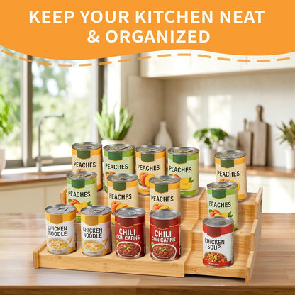 Expandable Bamboo Can Rack Organizer, 3 Tier Canned Food Storage Holder for Pantry, Adjustable Pantry Soda Can Organizer Shelf for Kitchen Spice, Countertop, Cat Food, Cabinet Storage Hold for 24 Cans
