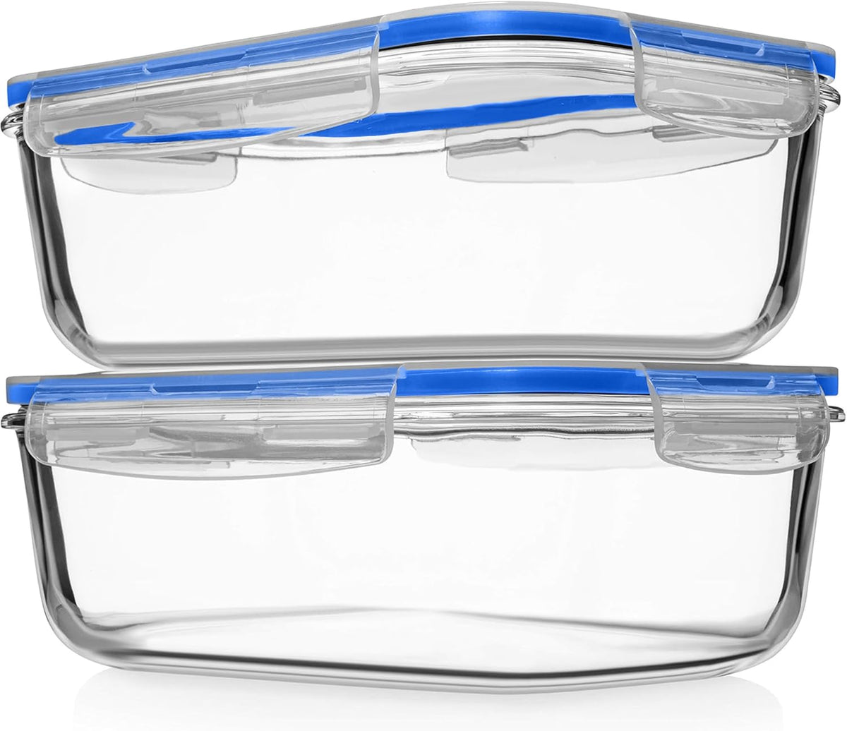 8 Cups/ 63 Oz 4 Piece (2 containers + 2 Lids) Large Glass Food Storage/ Baking Containers with Locking Lids . Ideal for Storing food, vegetables or fruits. BPA Free & Leak Proof -Microwave, Oven Safe