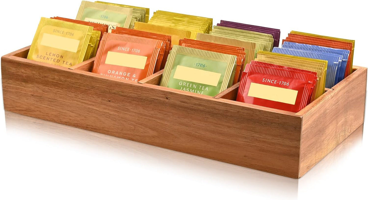 Acacia Wood Tea Bag Organizer with 8 Slots – Tea Bag Holder and Tea Organizer, Sugar Packet Storage for Countertops