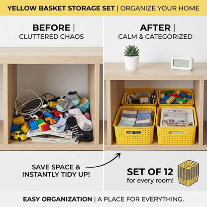 Khaki Stackable Storage Baskets, Plastic Weave Basket Organizer and Storage Set of 12, Pantry Organizing Baskets for Shelves, Kitchens, Bathrooms, Classrooms, Cabinets and Bedrooms