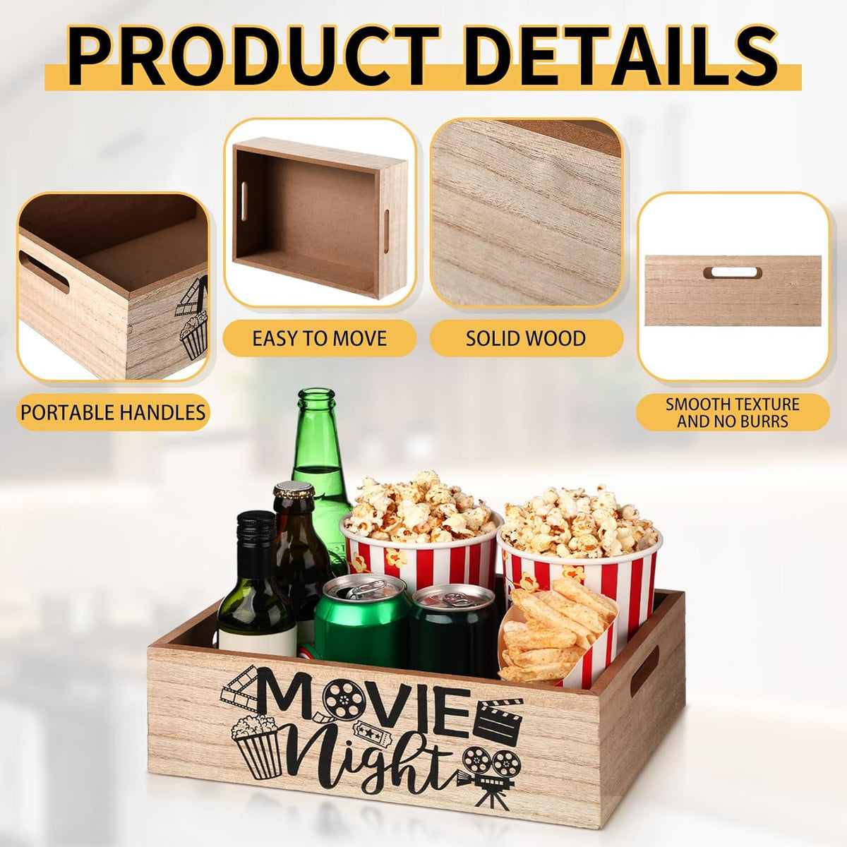 Movie Night Supplies Snack Trays with Handles Reusable Wooden Movie Gift Basket for Theater Popcorn Bucket Bowl Box Container Family Room Decor(Classic Style)
